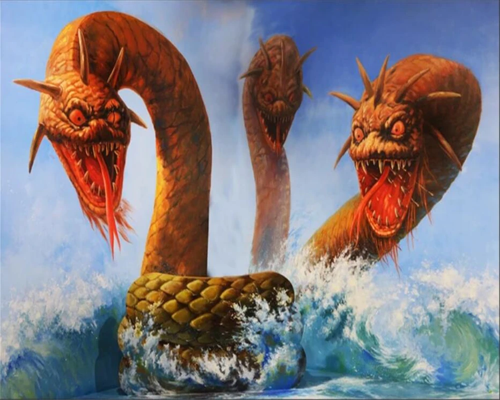 beibehang Custom photo wallpaper 3D stereo horror dragon 3 head sea snake TV background wall decoration silk mural | Обустройство