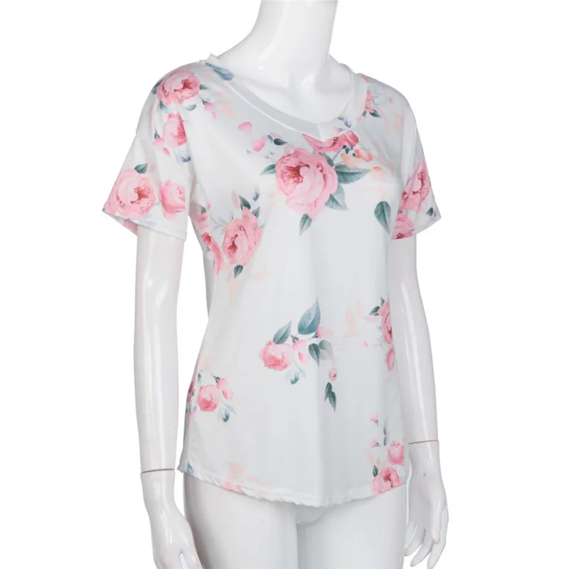 #5606 Для женщин v-образным вырезом короткий рукав с цветочным принтом Блузка