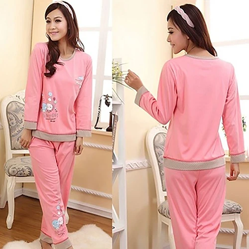 Женщины Милый Мультфильм Горошек Повседневная Хлопок Топ + Длинные Брюки Пижамы |