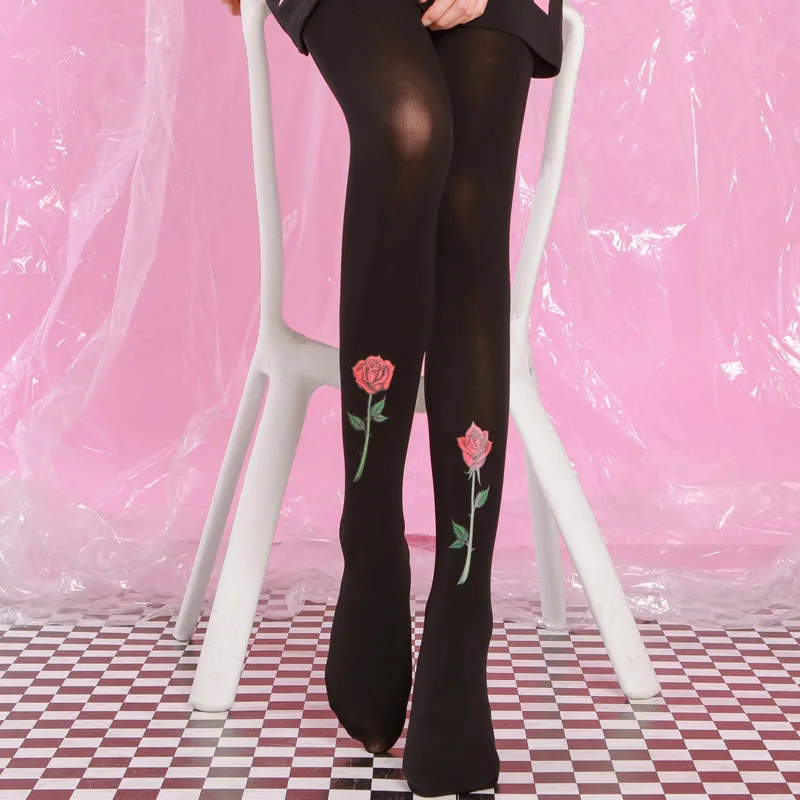 Rose Harajuku Tattoo Print Pantyhose Vintage Black Autumn | Женская одежда