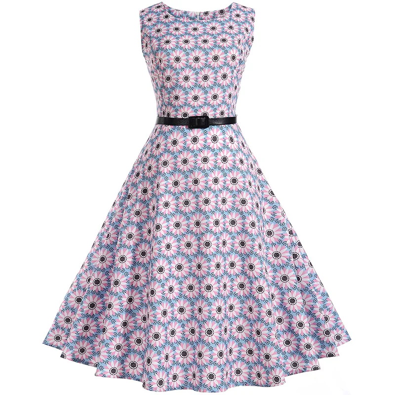 Элегантный розовый Буле платье с цветочным рисунком без рукавов хлопок ремень 1950