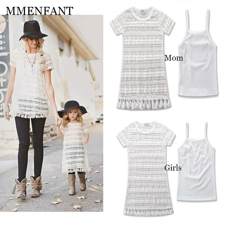 Платья для мамы и дочки кружевное платье маленьких девочек + белый жгут футболка