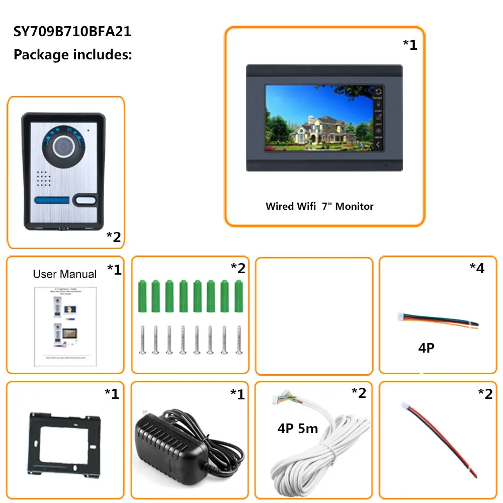 7-дюймовый проводной Wifi IP видео дверной звонок Домофон система входа с 2xHD IR-CUT 1000TVL