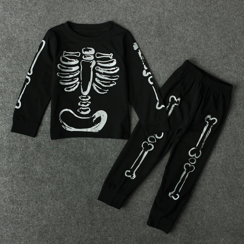 Rorychen New Brand Fashion Clothes 2017 Kids Children's Long Sleeves+Pants 2pcs Set Black Skeleton Printed Overalls For Boys |