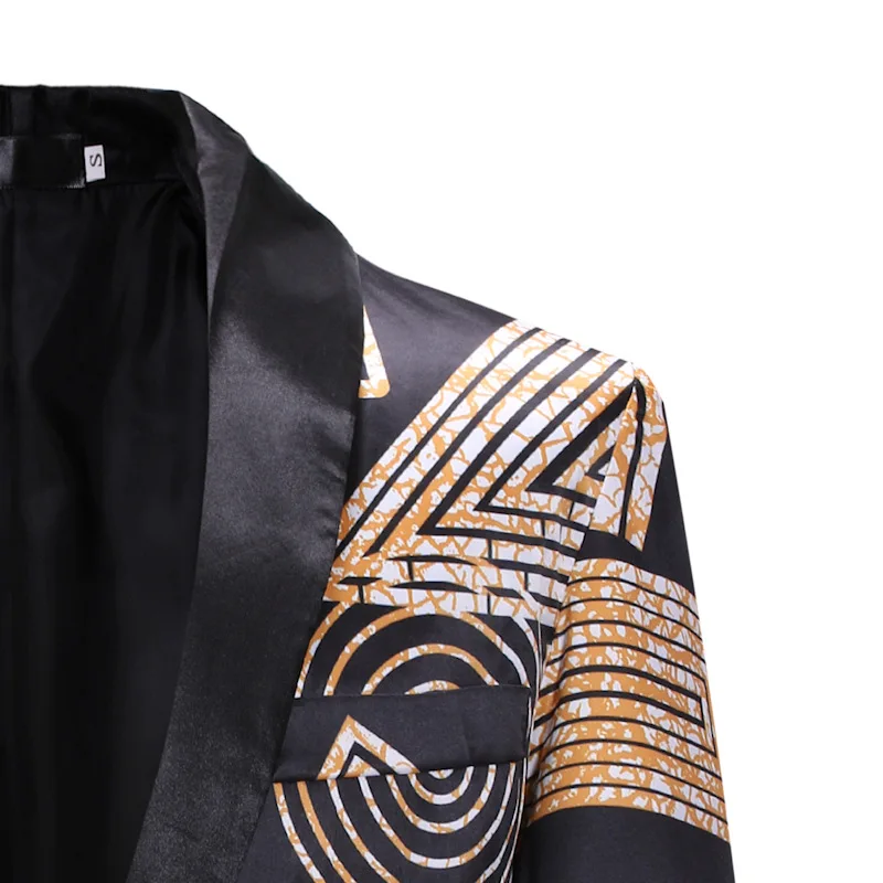 Stylish Geometric Print One Button Blazer Jacket Men Brand Shawl Collar Slim Fit Mens Blazers Party Casual Blazer Masculino