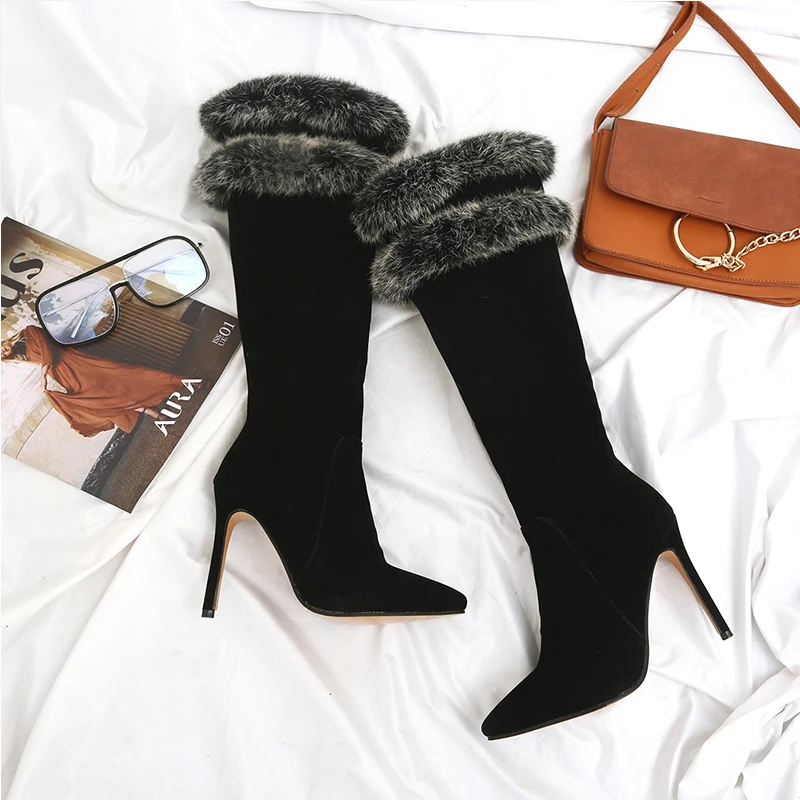 WETKISS/зимние женские сапоги до колена обувь из флока на меху с острым носком