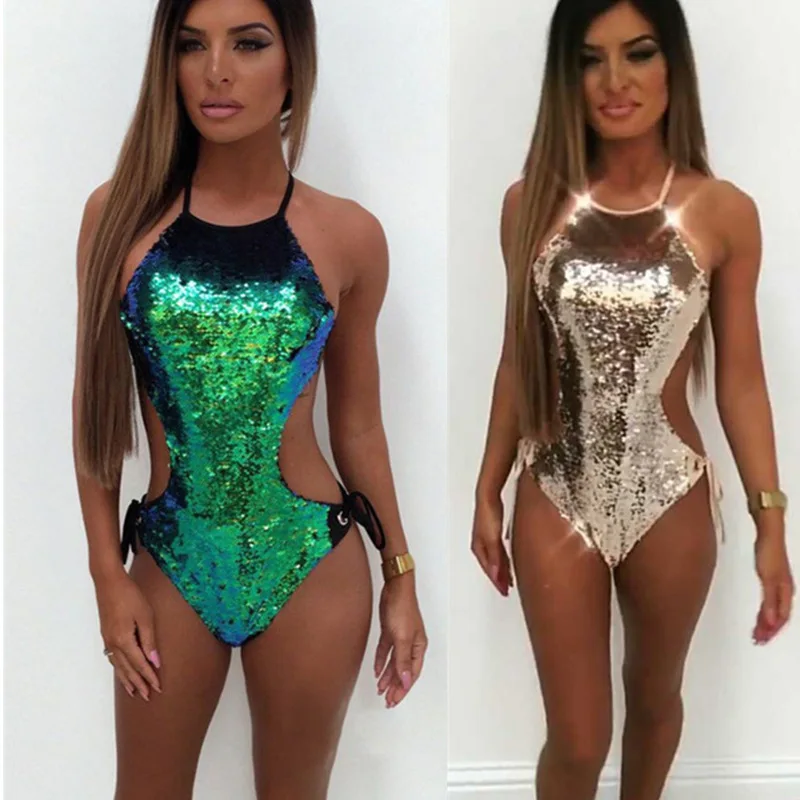 Женский купальник градиентный с блестками Монокини завязки сплошной