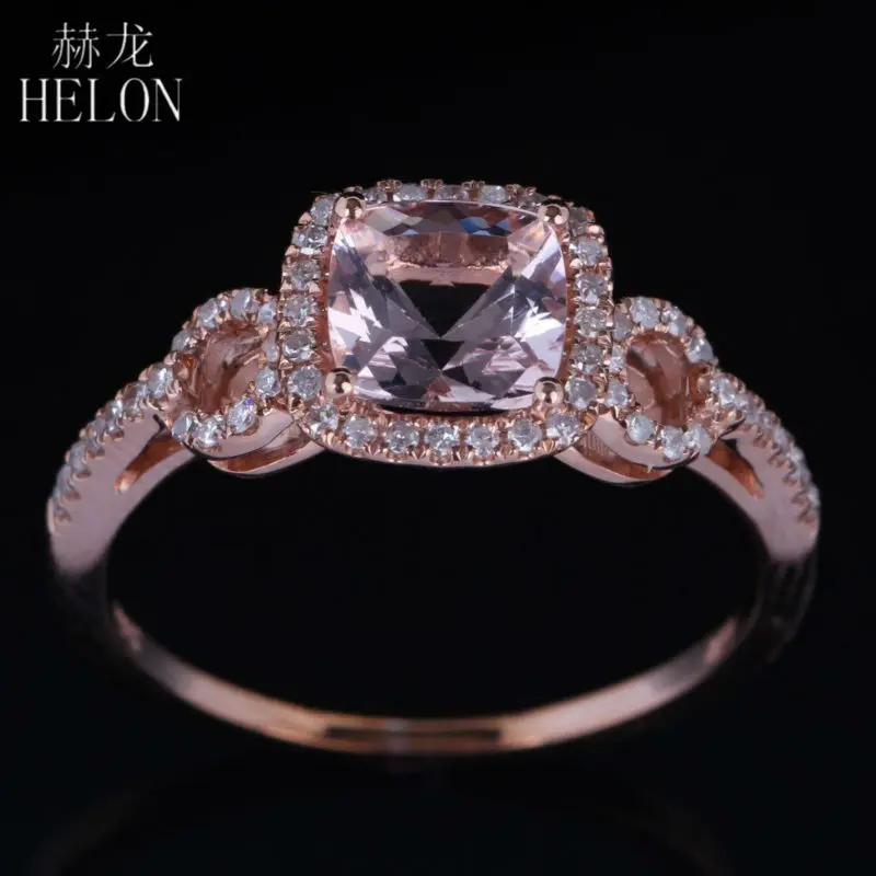 

HELON Solid 14K (AU585) Rose Gold 6mm Cushion Natural Morganite Ring Pave Diamonds Engagement Wedding Ring Elegant Jewelry Gift
