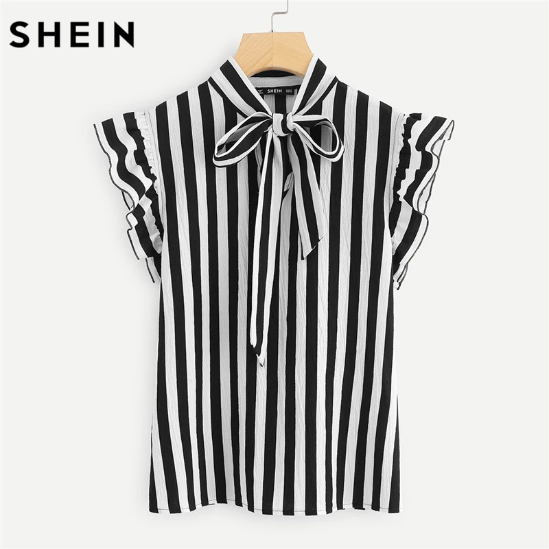SHEIN Модная Блуза В Полоску С Бантом Женский Летний Элегантный Топ Со Стоячим Воротником И Короткими Рукавами
