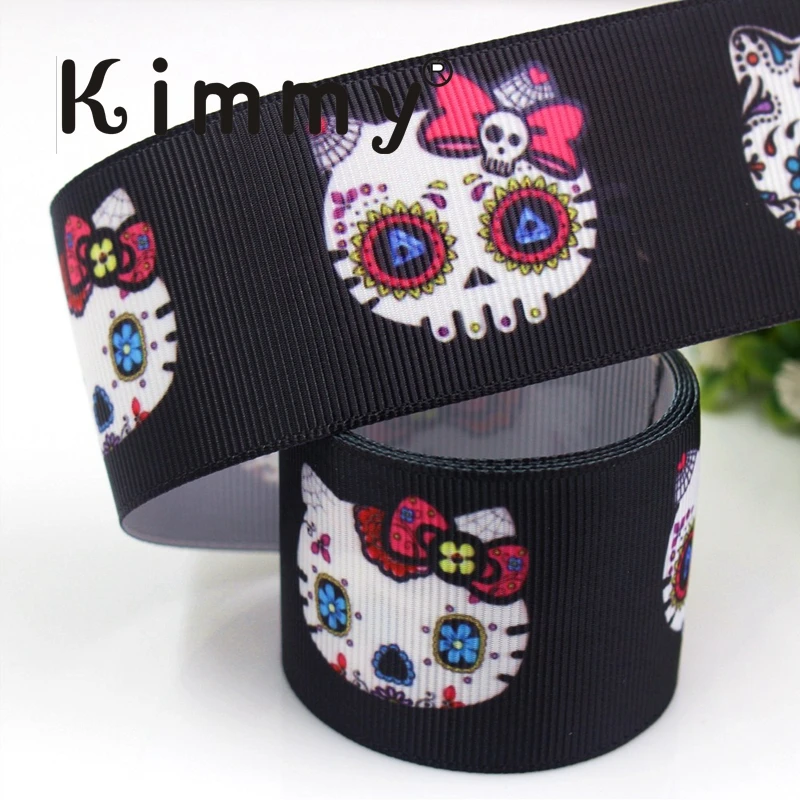 

Skull Ribbon in black on 1-1/2" orange single face Grosgrain ribbon