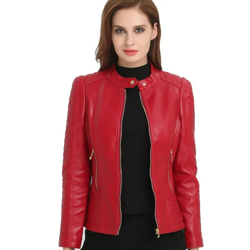 Женская кожаная куртка осенняя со стоячим замком большого размера|women's fashion leather