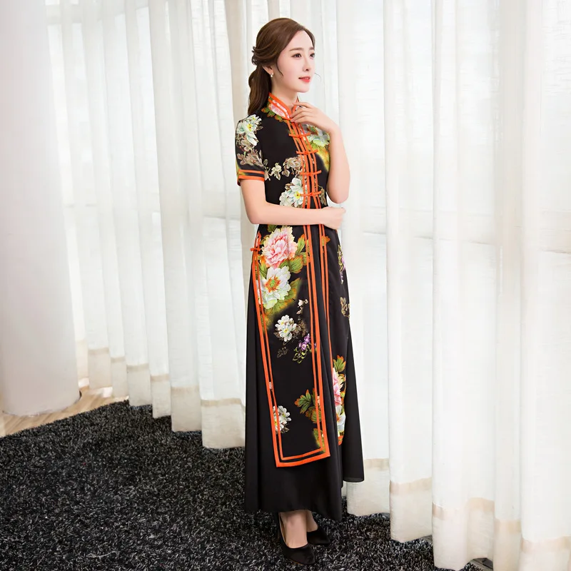 2017 Новый Черный AoDai Летнее Платье Китайский стиль Элегантный Qipao Стенд Ошейник С