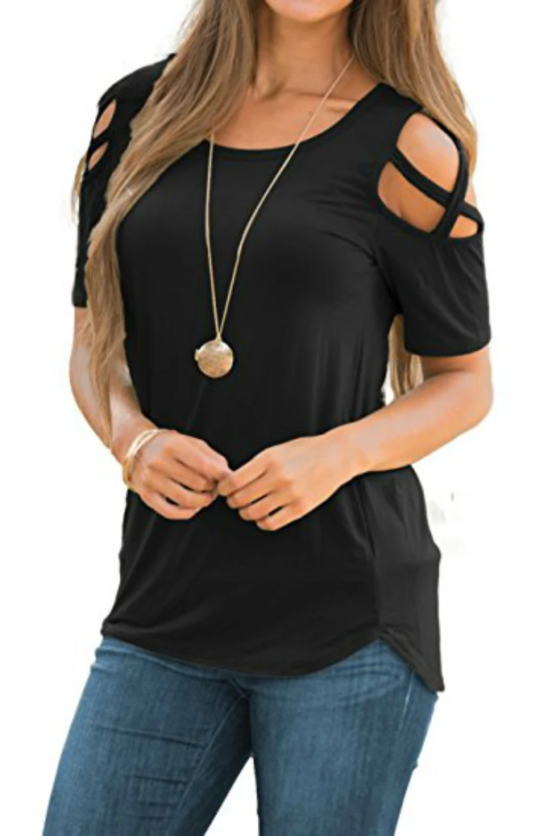 

New T Shirts 2018 Women Summer Tops Ladies Tees Shirts Fashion Short Sleeve Strappy Cold Shoulder T-Shirt Tops Camisa Feminina