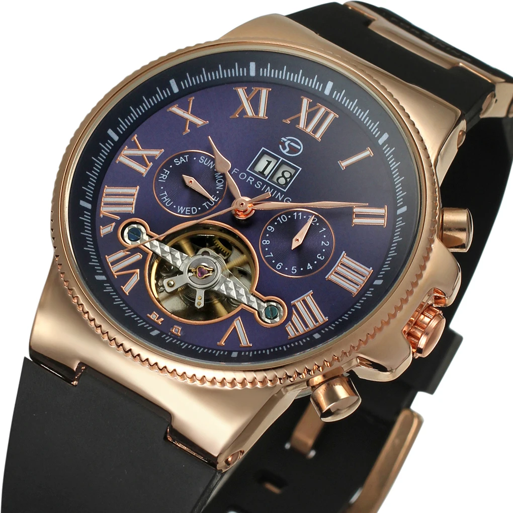 Forsining Tourbillon автоматические механические часы силиконовый ремешок чехол из розового золота римские цифры дисплей мужские часы Relogio Masculino