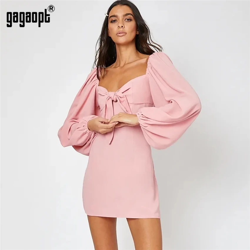 Gagaopt 2019 осеннее облегающее платье женское футляр с длинным рукавом и бантом