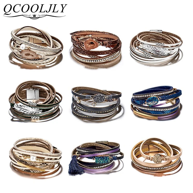 Винтажный многослойный браслет QCOOLJLY с магнитной пряжкой унисекс для мужчин и