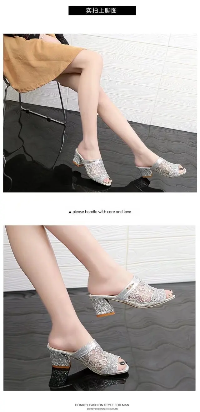 Новые женские шлепанцы Тапочки air mesh bling для внешних летняя модная обувь на квадратном каблуке Серебро Золото сандалии-вьетнамки размер 35-43