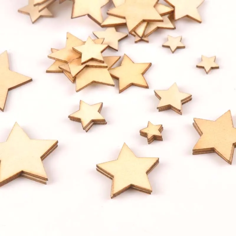 50pcs 10/15/20/25/30mm Mix Stars Wood DIY Carft For Handmade Scrapbooking Accessories Wooden Ornaments Home Decoration m0589