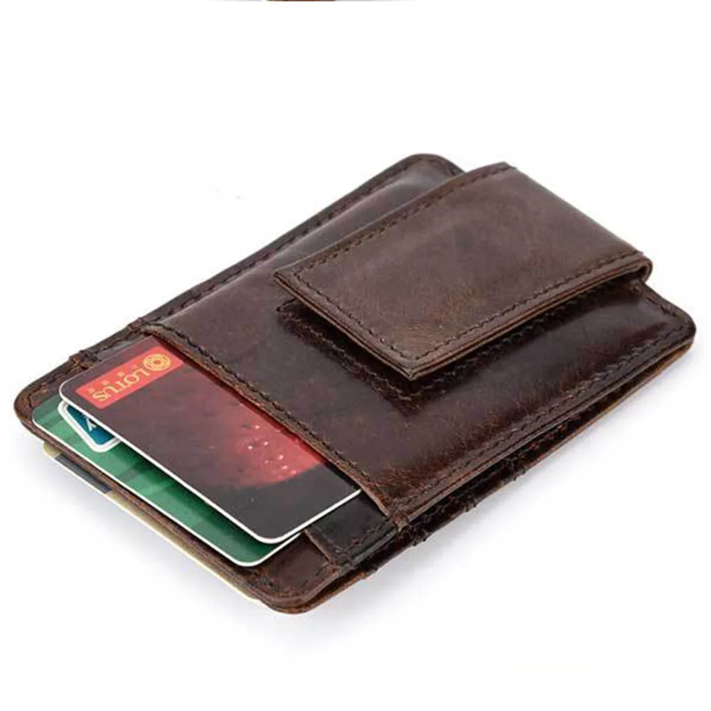 Oil Wax Cowhide Men Money Clips ID/Credit Card Purse Pocket Genuine Leather Magnetic Buckle Retro Slim Mini Card Holer Wallets