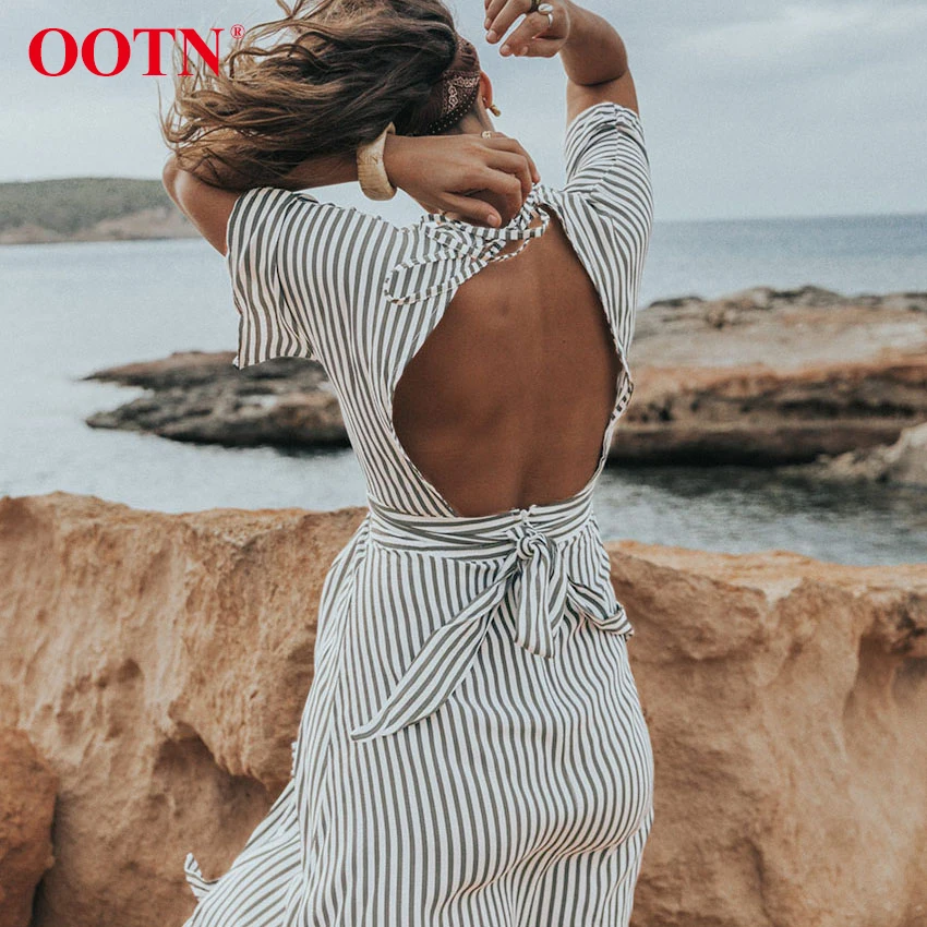 OOTN 2018 пляжное летнее платье Бохо Для женщин с v образным вырезом спинки полосатый