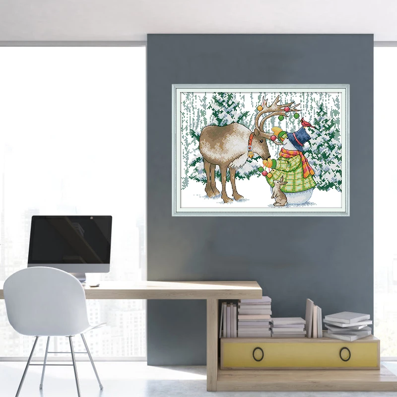 NKF новый набор вышивки крестиком лося и снеговика рукоделие DMC 11/14 CT DIY ручной