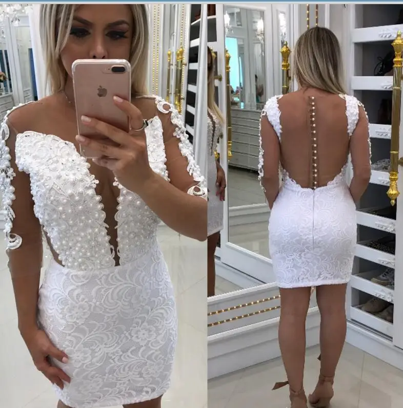 same as the photo Белые элегантные коктейльные платья Оболочка 3/4 рукава Короткие Мини Кружева жемчуг прозрачные вечерние размера плюс платья для выпускного вечера - Цвет: same as the photo