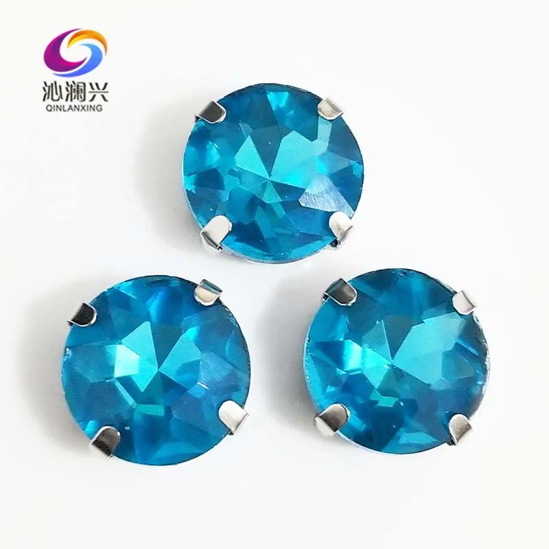 

Free shipping Lake blue round shape good quality Glass Crystal sew on claw rhinestones with ,Diy Clothing accessories SWB13