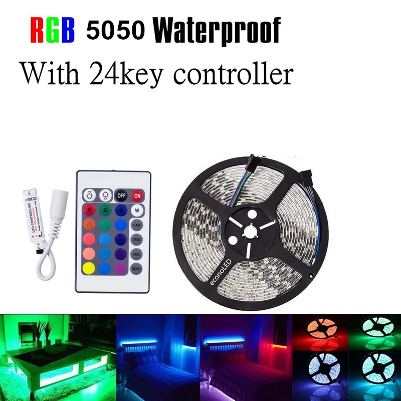 5M AC/DC 12V 5050 SMD2835 Водонепроницаемый RGB светодиодный гибкие полосы, 300 светодиодный лента+ 24 ключ пульта дистанционного управления Комплект гибкий светодиодный лента Набор