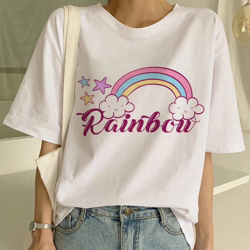Футболка с радугой, милая Футболка Harajuku, женская футболка Ullzang Rainbow Unicorn, модная футболка с коротким рукавом, Kawaii, женские футболки