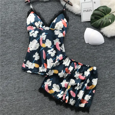 navy blue Daeyard Женская одежда для сна пижамные комплекты сексуальное женское белье цветочные Cami и шорты 2 шт. летняя пижама ночная рубашка Домашняя одежда с нагрудными накладками - Цвет: navy blue