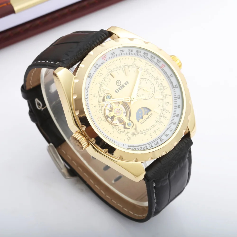 GOER Новая мода Tourbillion мужская одежда мальчик автоматические механические кожаные мужские спортивные часы большой циферблат Relojes Hombre