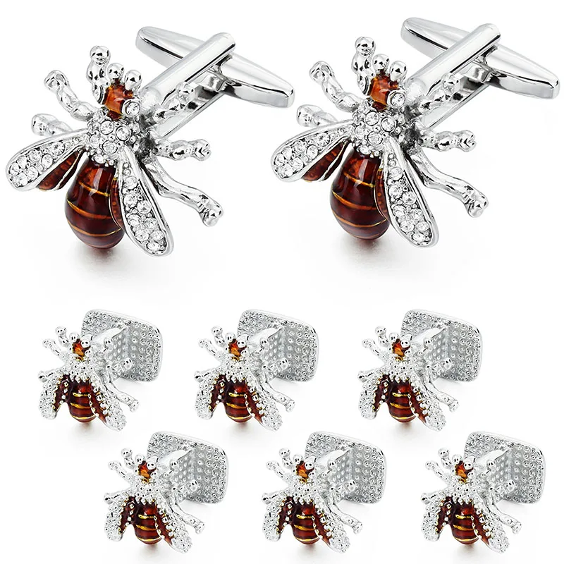 HAWSON Crystal Bee Cufflinks and Studs Set for Men for Tuxedo Luxury Gift for party bee cufflinks with box cufflinks for mens