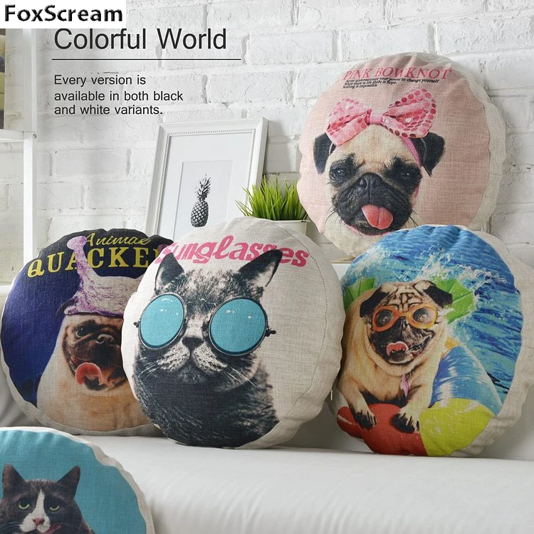 Pug Dog Pillow Round Decorative Pillows Cases Sofa Blue Linen Cotton Throw Cushion Home Decor Pillowcase | Дом и сад