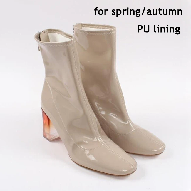 Nude PU Lining Роскошные Брендовые женские ботинки с металлическим кольцом спереди; женские ботильоны из лакированной кожи; ботинки на высоком каблуке; женская обувь с меховой подкладкой - Цвет: Nude PU Lining