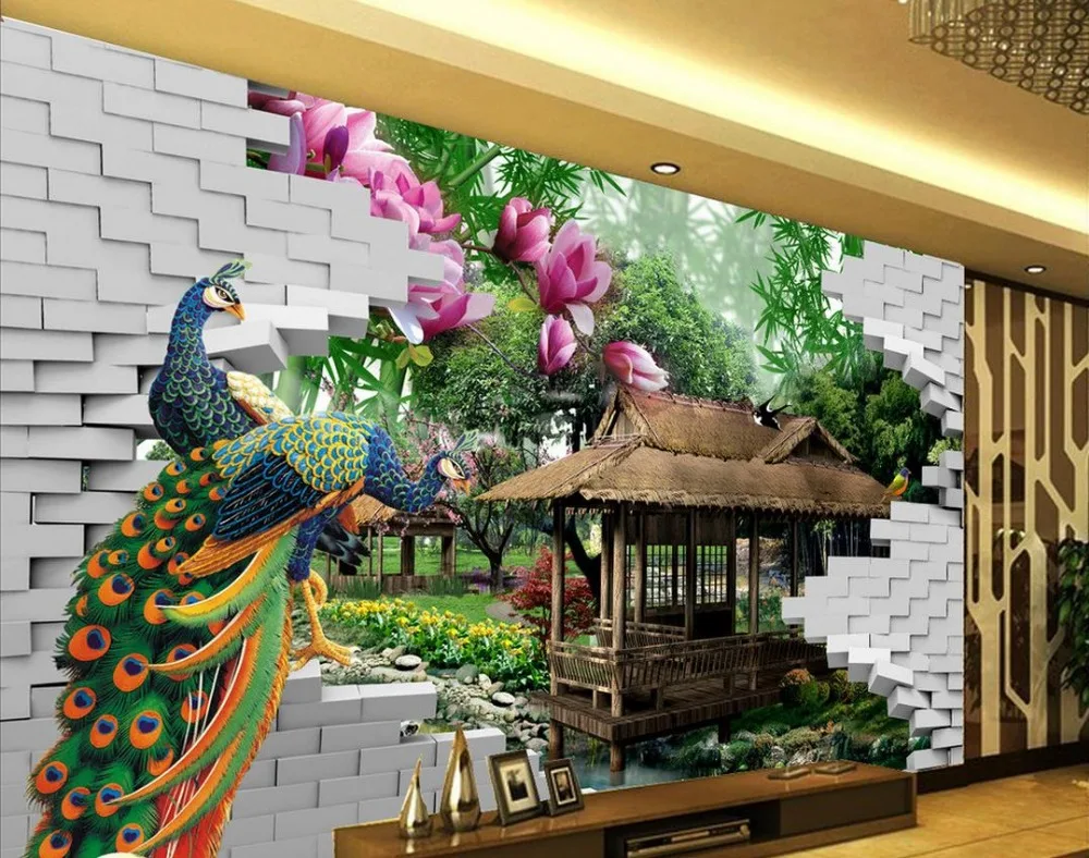Фотообои 3d обои для ТВ фон Павлин 3D стереоскопическое бамбуковое украшение