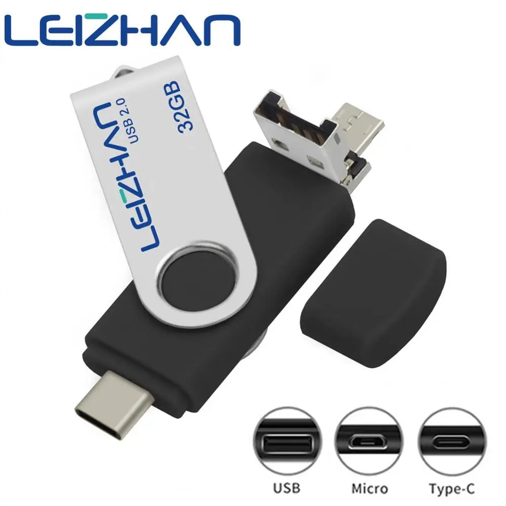 Leizhan OTG USB флэш-накопитель 3 в 1 type-C и Micro &amp накопитель 16 ГБ 32 64 128 Флешка 8 4 Note 9 USBC