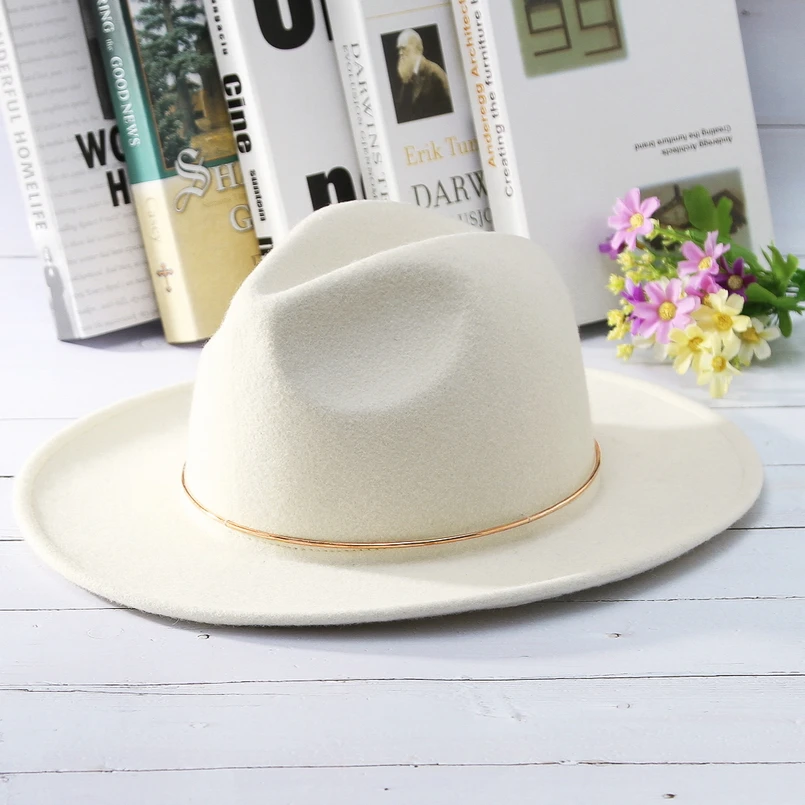 

GEMVIE 100% Wool Hat White Felt Fedoras Hat For Women Metal Ring Lady Wide Brim New Fashion Autumn Winter Panama Jazz Cap