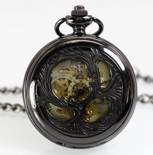 Antique Black Mysterious Relief Hollow Mechanical Pocket Watch Vintage Steampunk Necklace Pendant Fob Chain Men's Watch