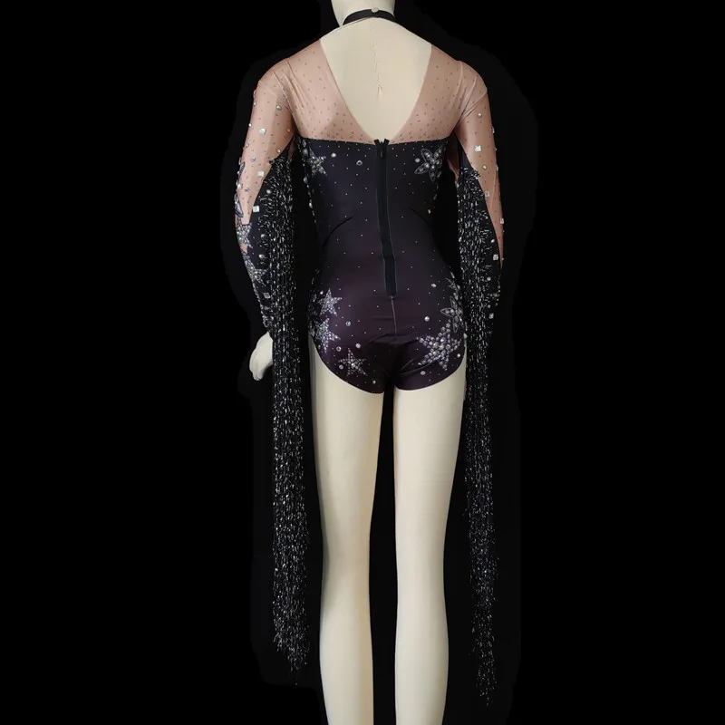 Fashion Tassel Stretch Women Bodysuits Stage Performance Sexy Dancer Catsuits Pearls Crystals Jumpsuits Nightclub Singer Clothes