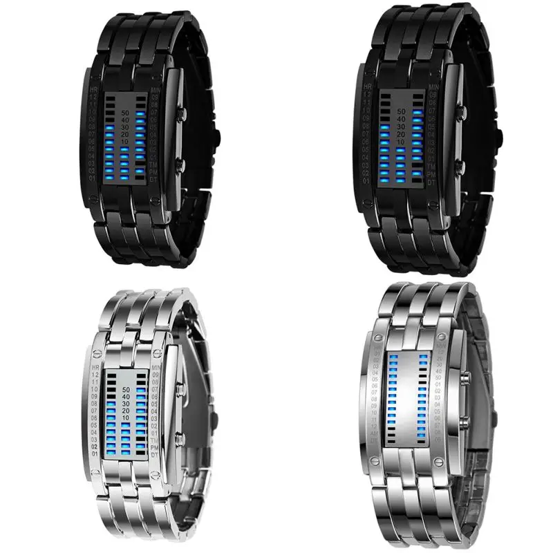 Watch Men\'s Future Technology Binary Hot Sale Black Stainless Steel Date Digital LED Bracelet Sport Women Watches