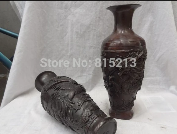 bi001124 11&quot Chinese Bronze Fly Dragon Phoenix Ball Statue Flower Twin Vase Pot Pair | Дом и сад