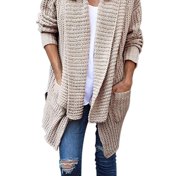 S-3xl Turn-down Collar Long Sleeve Asymmetrical Hem Knitted Sweater Double Pocket 2019 Winter Irregular Black Cardigan Woman |