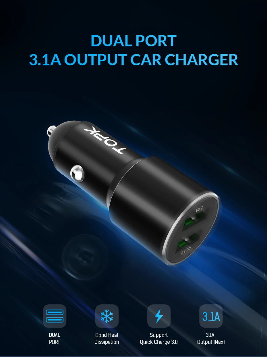 TOPK Dual USB Автомобильное зарядное устройство для iPhone Quick Charge 3.0A быстрое зарядное устройство автомобильное зарядное устройство для телефона Xiaomi samsung зарядное устройство для телефона в автомобиле