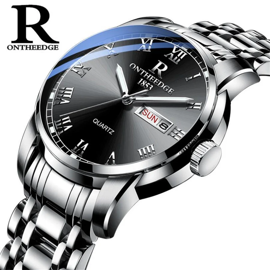 Mens silver black Часы для мужчин и женщин, деловые водонепроницаемые часы с автоматической датой, серебристые стальные мужские часы, модные повседневные женские кварцевые наручные часы, Новинка - Цвет: Mens silver black