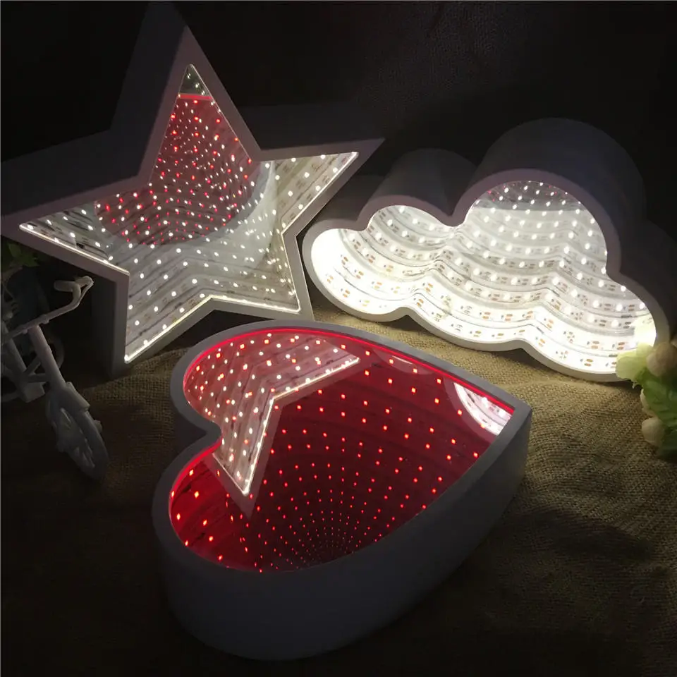 Star Cloud and Heart Прямая поставка креативный неограниченный туннельный эффект светодиодный ночник Единорог голова сердце облако звезда форма зеркало на батарейках Ночная лампа - Испускаемый цвет: Star Cloud and Heart