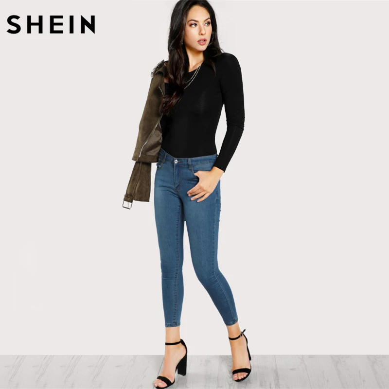 SHEIN Однотонное Боди С Длинным Рукавом, Стильное Боди С Круглым Вырезом
