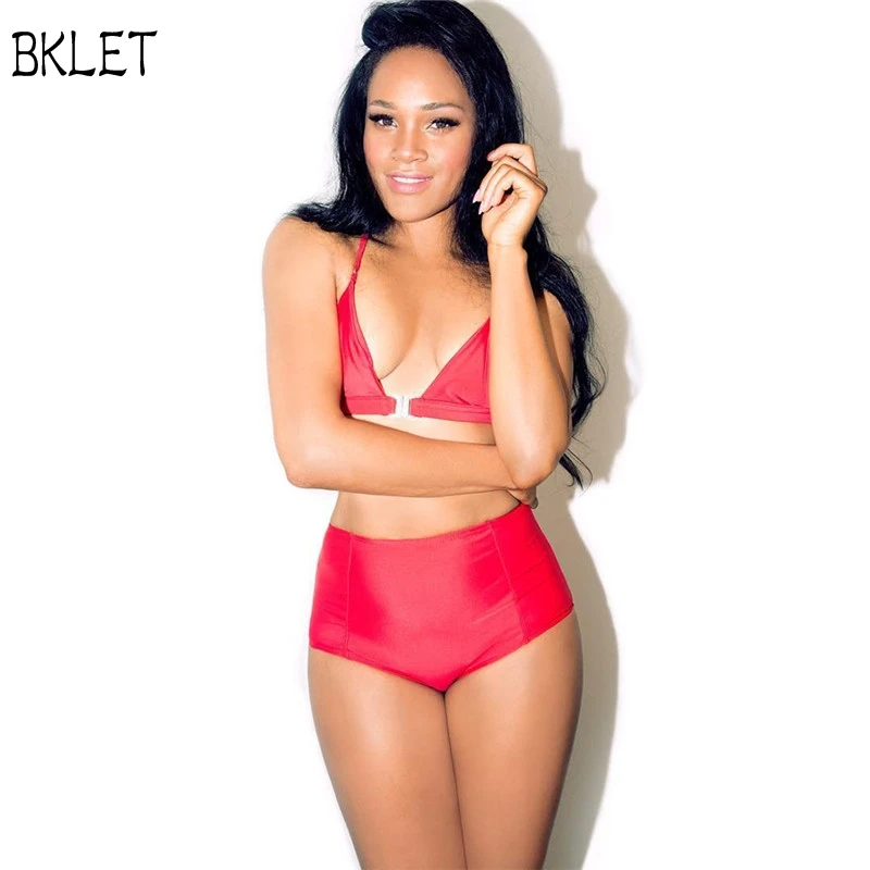 

2018 Woman Red Sexy Swimwear High Waisted Button Front Bikini Push Up Swimsuit Set Mujer Solid Bathing Suit Women Biquini