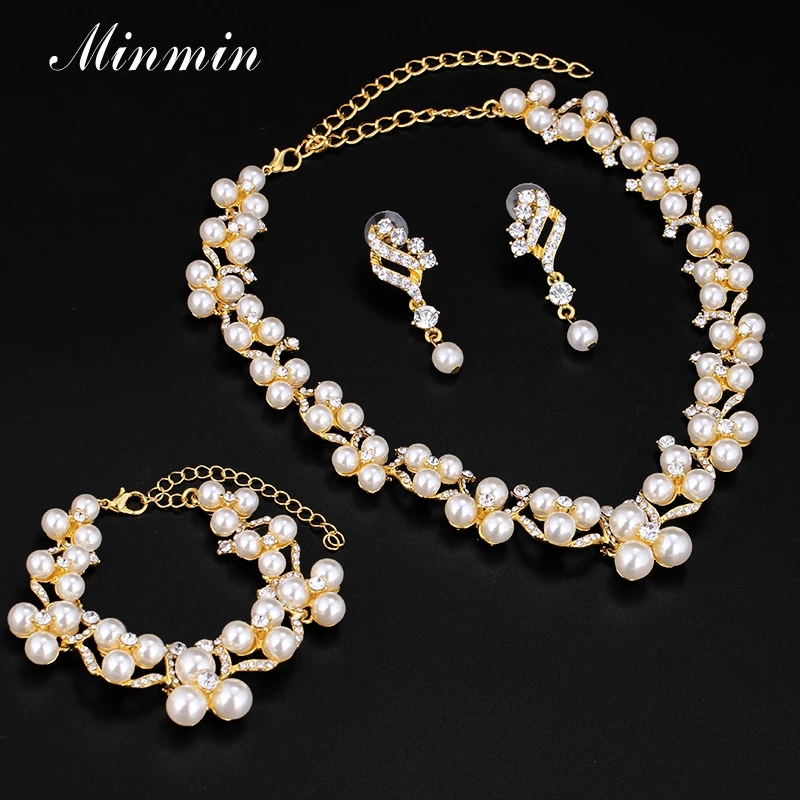 Minmin Кристалл Имитация жемчужные Свадебные украшения наборы золотого цвета
