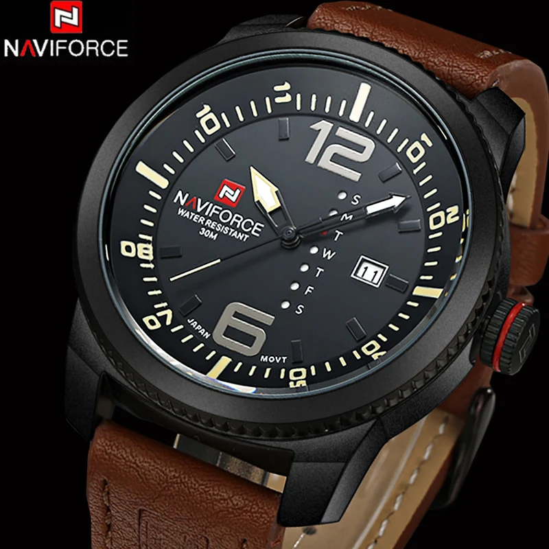 Модные роскошные брендовые кварцевые часы NAVIFORCE, деловые военные мужские часы, мужские часы с кожаным ремешком