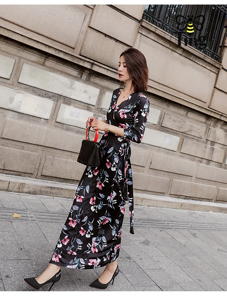 Женское длинное платье с запахом V-образным вырезом и цветочным принтом | Женская